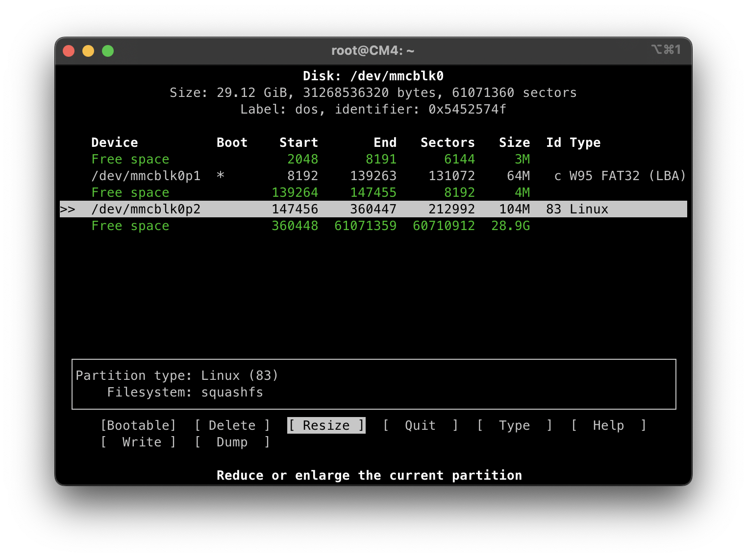 Resize the partition at the bottom